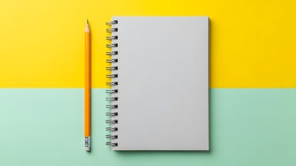 Blank spiral notebook with yellow pencil on a split yellow and mint green background for creative writing