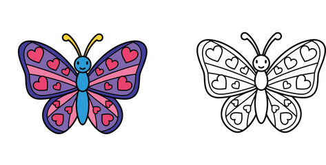 Cute Butterfly Illustration with Heart Patterns featuring Colored Version and Line Art Outline for Kids Coloring Book, Educational Vector Set for Children Activities and Creative Crafts