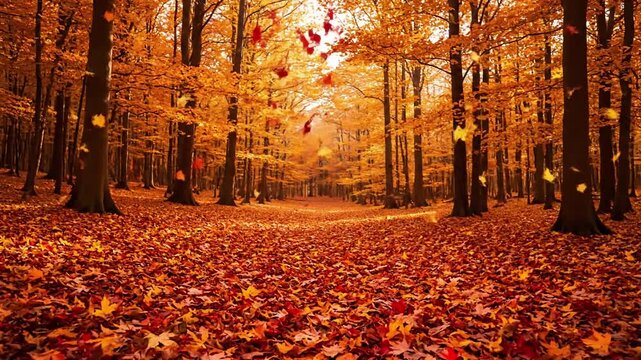 Forest Floor Blanket Low angle, tracking shot along a winding, leaf-covered forest path, with more red, orange, and yellow leaves continually spiraling down and settling on the existing layer.