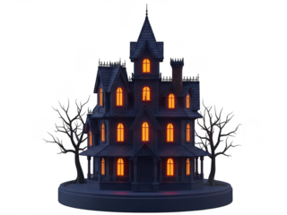 A spooky haunted house with glowing windows on a transparent background for halloween