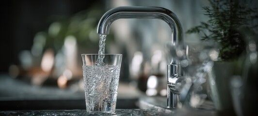 The glass of water being filled from a modern chrome kitchen faucet