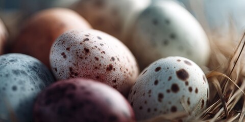 Obraz premium Close up of a nest filled with speckled birds eggs, representing new beginnings and natural life. Spring and Easter celebration.