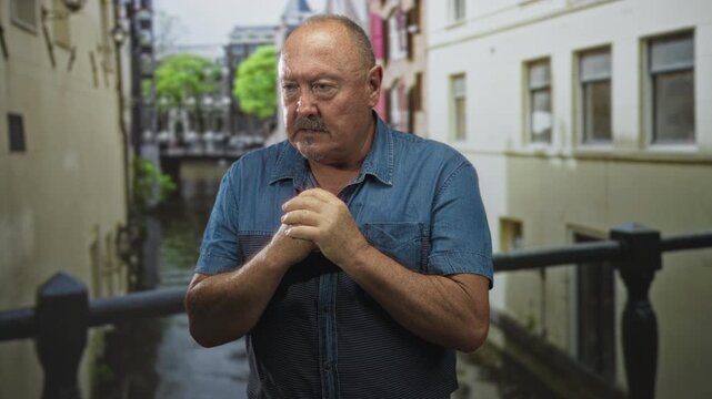 Man clasping hands on a canal bridge street by buildings and railing, denim shirt, looking down and fidgeting with fingers; contemplation.