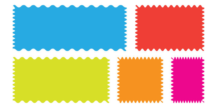 Colorful rectangle postage stamp and labels icon set vector. Wavy, serrated edges mockup postage stamps symbol. vector illustration.