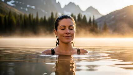 Obraz premium Woman relaxing in a calm lake with closed eyes. Peaceful morning dip in natural water body. Concept of wellness, nature connection and mental health.