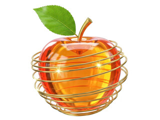 Golden wire wrapped shiny red apple with green leaf on top isolated on transparent background