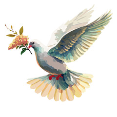 Obraz premium oil painting of a white dove flying gracefully through a dreamy pastel sky, carrying a delicate a floral branch in its beak,