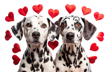 Two Dalmatian dogs surrounded by red hearts on black background
