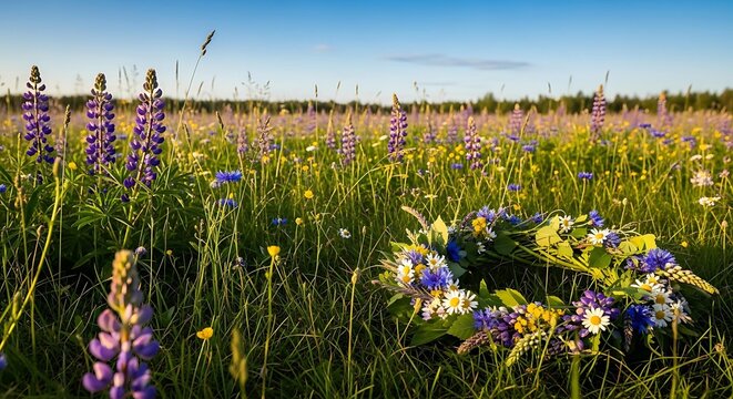 Traditional Midsummer wreath lying on grass in purple lupine field, sunny summer solstice Midsummer wreath celebration concept, beautiful floral Midsummer wreath in meadow.