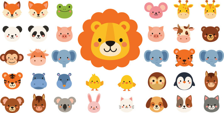 Cute cartoon animal face icon collection with lion, panda, elephant, giraffe and pets, flat vector character set illustration