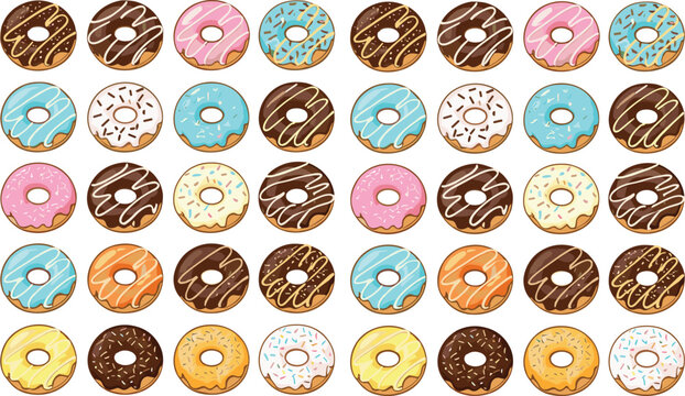 Colorful donut collection with icing and sprinkles, flat cartoon bakery dessert illustration set for sweet food design