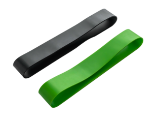 Two flexible elastic resistance bands, one black, one green, against black