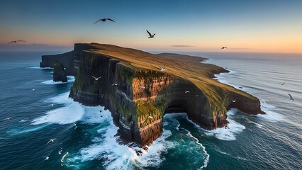Scenic aerial view of the majestic Cliffs of Moher in Ireland, a breathtaking natural wonder with rugged cliffs meeting the vast ocean