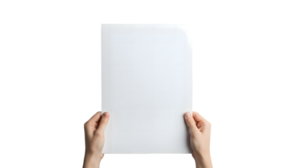 Person holding a blank white sheet of paper isolated on transparent background