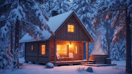 Cozy wooden cabin with hot tub on a snowy winter night, glowing with warm light, nestled in a frozen forest for winter holiday or vacation