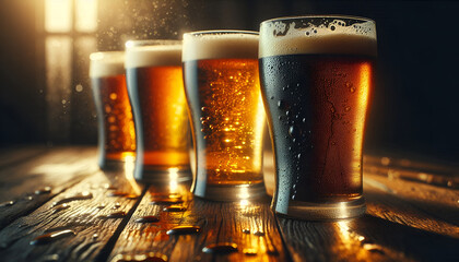 Four glasses of beer with golden and amber hues are arranged on a wooden table, illuminated by warm light creating a cozy atmosphere with droplets on the glass