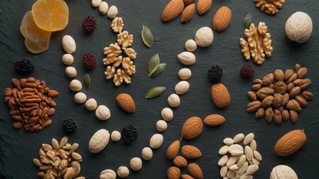 Various Dried Fruits and Nuts on a Dark Stone Surface Flat Lay