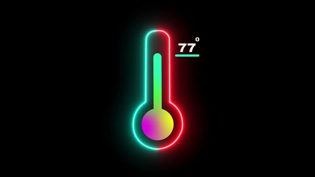 Neon Medical thermometer icon animation. Thats indicates weather temperature 77 degree increase or decline. Thermometer equipment showing hot or cold weather. 4k video alpha channel animation.
