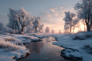 Sunrise over a snowy landscape with a gentle stream and frosted trees creating a tranquil winter panorama