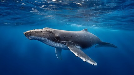 Fototapeta premium A majestic humpback whale swims gracefully through the clear blue ocean depths