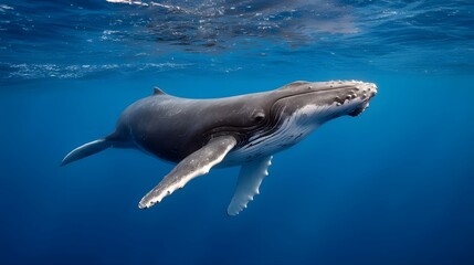 Naklejka premium Majestic humpback whale swims gracefully underwater in the deep blue ocean with sunlight filtering from above