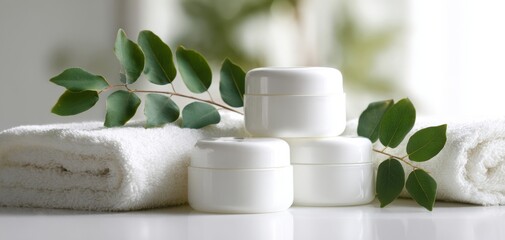 The cream jars on white towels with eucalyptus leaves in a serene spa setting