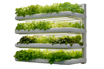 Vertical hydroponic farm with fresh green lettuce isolated on transparent background