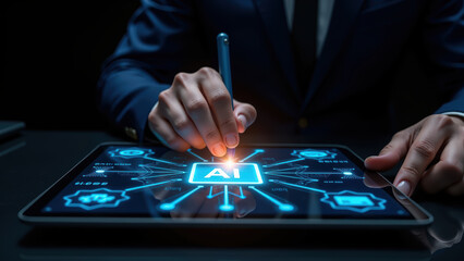 Innovative technology digital interface artificial intelligence tablet business professional data analysis modern workspace creativity