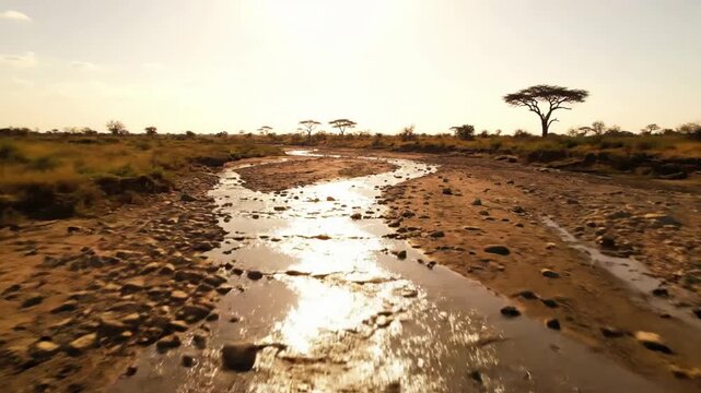 Arid Earth's Reflection Medium close-up, static shot of a patch of smooth, sun-bleached river stones in a dry stream bed, with bright sun creating sharp glints as it hits their surfaces. Heat haze is