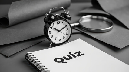 Clock quiz notebook paper magnifying glass study time management education black and white learning