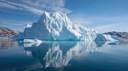 A large iceberg reflects in the tranquil water of a remote Arctic area. The crisp outline of the ice contrasts beautifully with the bright blue sky and calm surface below.