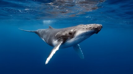 Fototapeta premium A majestic humpback whale swims gracefully in the clear blue ocean water near the surface