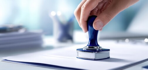 The Rubber Stamp Pressing Approval On Business Document With Hand In Office