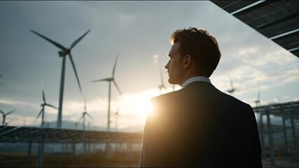 Eco-Visionary: A forward-thinking individual, clad in a professional suit, gazes at the dawn of a sustainable energy landscape, encompassing wind turbines and solar panels.