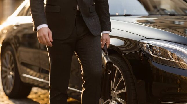 Midsection of a Person in Dark Suit and White Shirt Standing near Black Car on Cobblestone Street during Golden Hour