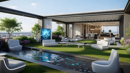 Skyline Oasis: A luxurious rooftop retreat showcasing contemporary design, featuring a serene pool, stylish seating areas, and a blend of modern architecture and natural elements. 