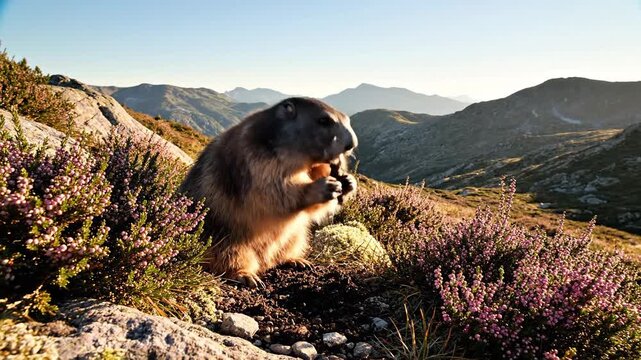 Vancouver Island Marmot Foraging in Alpine Heather