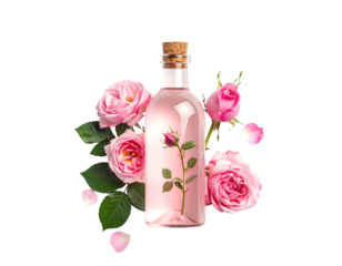 Clear bottle of pink liquid surrounded by lush pink roses and leaves