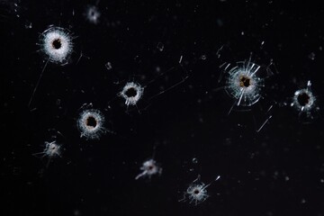 Bullet holes on shattered glass with dark background