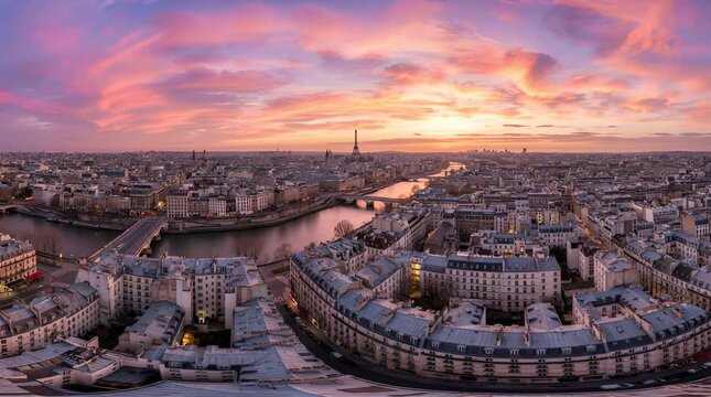 Panoramic Aerial View Of Paris Cityscape At Dusk Featuring River Bridges And Rows Of Cream Buildings Under Vibrant Pink And Orange Sky