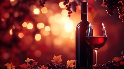 a bottle of red wine and a glass set against an autumn background, with warm lighting, blurred background, bokeh effect, golden leaves, and wine-related elements, elegant atmosphere
