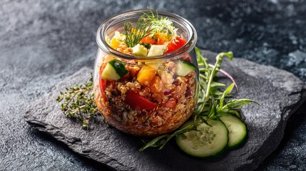 A vibrant quinoa salad is served in a jar, featuring colorful diced vegetables like cucumber, tomato, and bell pepper, garnished with herbs, resting on a slate surface.