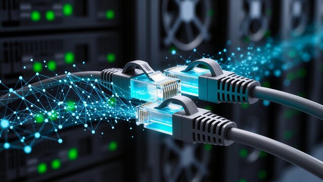 Close-up of RJ45 Ethernet cables connected to abstract digital data flow, with server equipment and green activity lights, illustrating networking, data transfer, and IT infrastructure