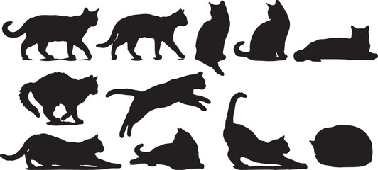 Set of 10 Black Cat Silhouettes in Various Poses Vector