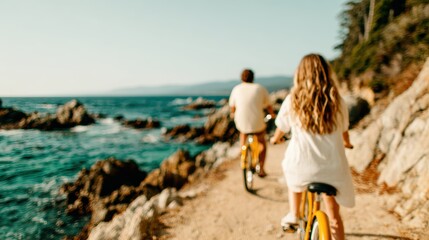 A joyful couple riding yellow bicycles beside the picturesque coast, embodying the spirit of adventure, freedom, and connection with nature on a sunny day.