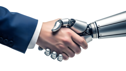 Human and robotic hand shaking isolated on transparent background