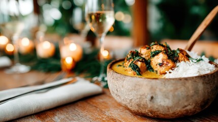 A delicious coconut curry filled with flavorful meatballs, spinach, and rice, presented beautifully in a rustic bowl that showcases culinary artistry and appetite appeal.