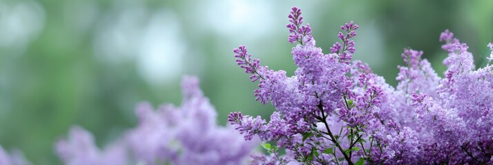 Blooming purple lilacs with soft green background in springtime