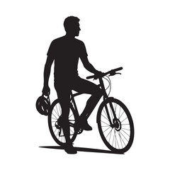 Obraz premium Silhouette of a man with a bicycle holding a helmet, representing active lifestyle, cycling sports, and eco-friendly urban transportation concept.