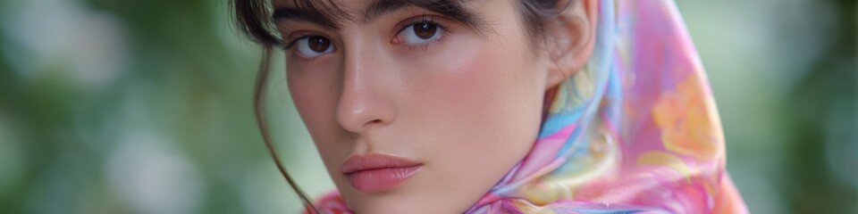 Fototapeta premium Young caucasian female with colorful scarf posing outdoors